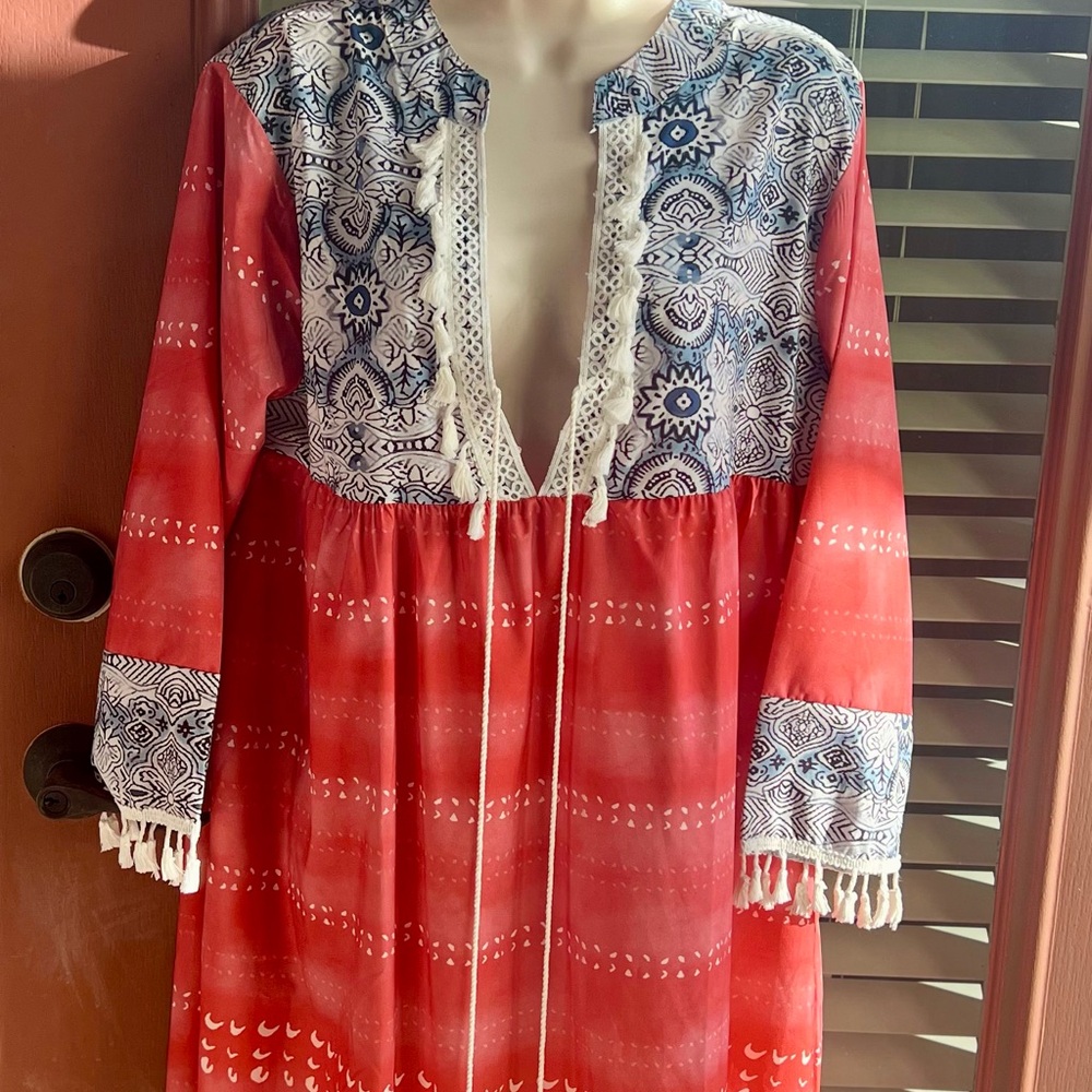 Boho Red and Navy Patterned Tassel Tunic Dress